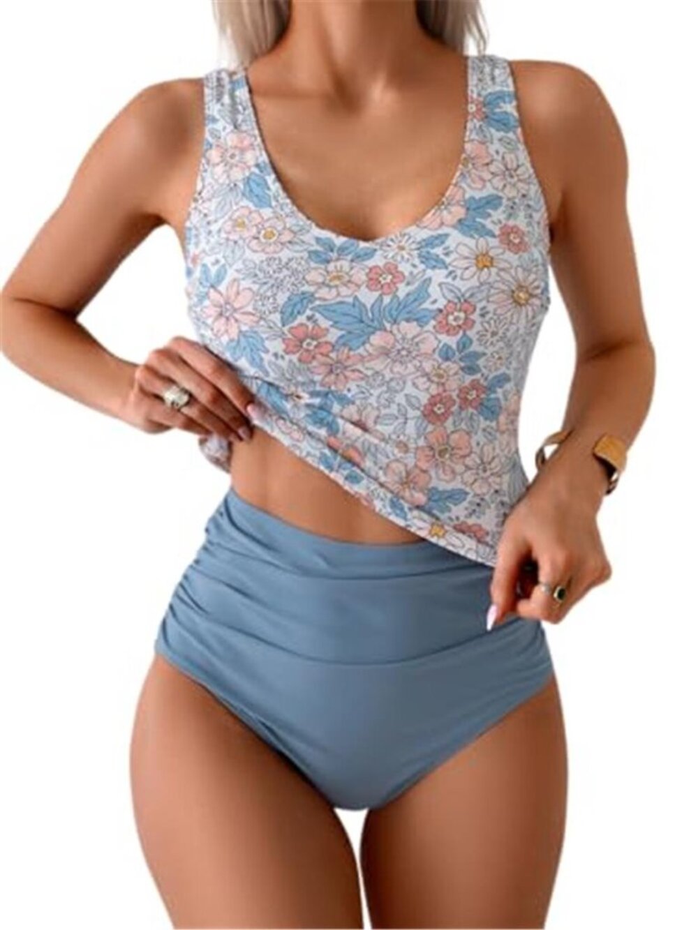 Women's Two Piece Tankini Swimsuit Tummy Control Push Up High Waisted Bottom Set